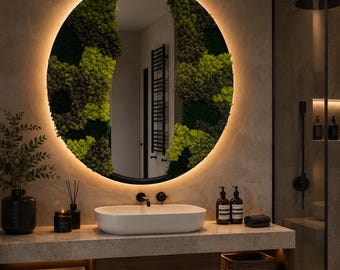 LED Moss Mirror Wall Decor, Large Round Mirror with Preserved Moss, Modern Metal Bathroom Mirror, Luxury Biophilic Wall Art