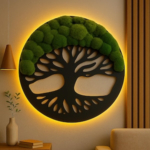 LED Tree of Life Moss Wall Art | Modern Round Nature Decor | Preserved Reindeer Moss | 5 Colors | Eco Home Accent | Custom Size & Light