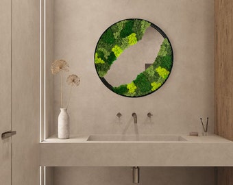 Moss wall art mirror Metal frame bathroom circle mirror Botanical wall art home decor with preserved live flat ball and lichen moss