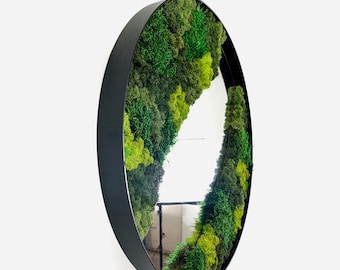 Moss wall art mirror Metal frame bathroom circle mirror Botanical wall art home decor with preserved live flat ball and lichen moss