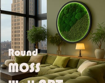 LED Round moss wall art, Extra large natural dried moss wall art, Housewarming gift for new house, Aesthetic living room decor