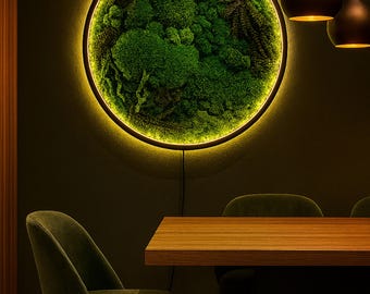 Circle Preserved moss wall art with led, Oversized live moss wall art, Extra large trendy wall art, dried wall moss aesthetic room decor