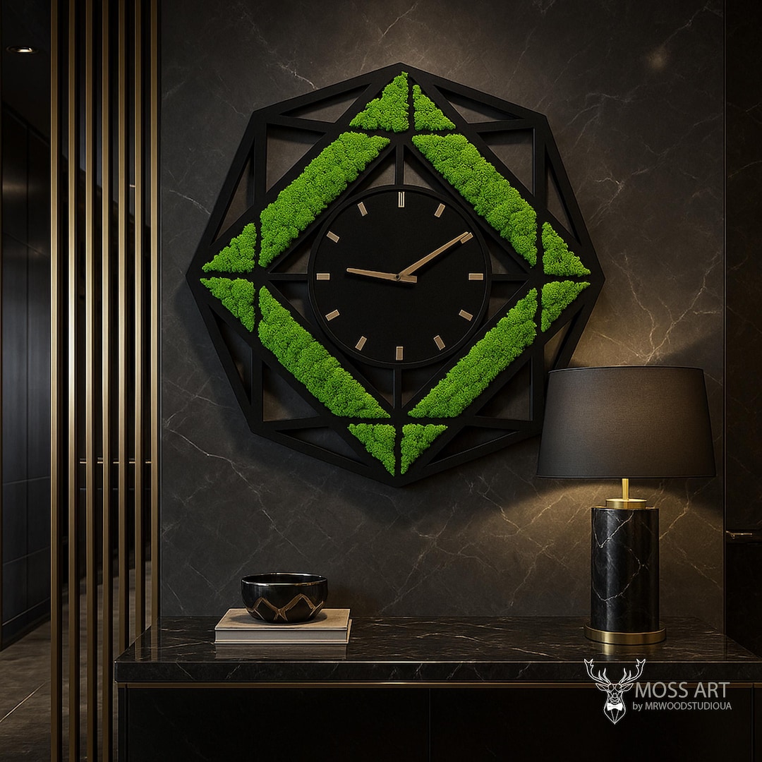 Large Geometric Moss Wall Clock – Modern Green Wall Art, Eco Friendly ...
