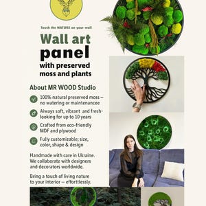 May include: Wall art panels with preserved moss and plants. The image shows a variety of circular wall art pieces with vibrant green moss and plants. The panels are framed in black and feature different designs, including a tree of life. The text says "Touch the NATURE on your wall."