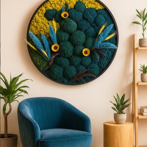 Round blue moss wall art panel with Led moss wall art Moss wall art decor with led Aesthetic room decor Preserved Moss framed wall art