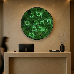 LED Extra large Round moss wall art Aesthetic room decor Preserved moss wall art Circle moss wall art with led lights Modern Moss wall Panel