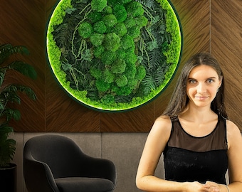 Large Round Moss Wall Art with LED | Green Preserved Moss Decor for Dining Room | Biophilic Design | Natural Wall Hanging
