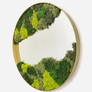 Moss wall art mirror, Metal frame bathroom circle mirror, Botanical wall art home decor with preserved live flat, ball and lichen moss