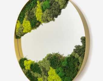 Moss wall art mirror, Metal frame bathroom circle mirror, Botanical wall art home decor with preserved live flat, ball and lichen moss