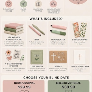May include: A Blind Date With Jesus gift box infographic featuring a stack of three books, a pen, a highlighter, two floral bookmarks, four stickers with the text Faith Over Fear, a tea packet, a cross stencil, and a Bible verse card.