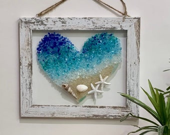 Sea Glass Heart - Sea Glass Art - Beach Heart Decor - Heart Wall Art - Beach House Art - Sea Glass Decor - Couple Heart Gift