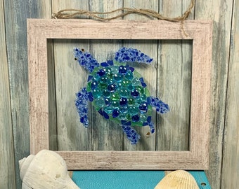 Sea Glass Sea Turtle - Sea Glass Art Mosaic - Framed Beach Art - Sea Turtle Decor - Sea Life - Nautical Bathroom Decor