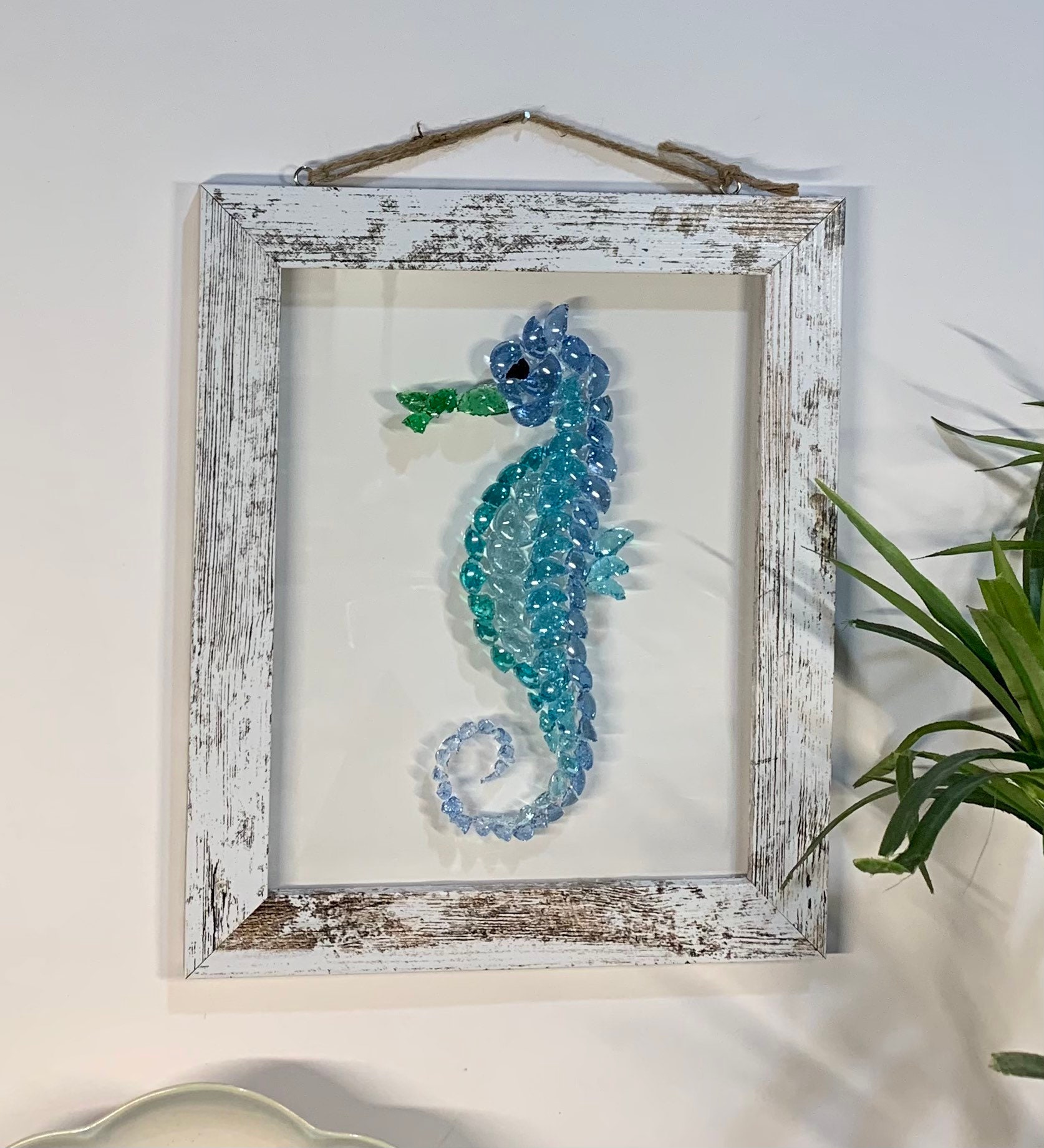 Sea Glass Seahorse - Sea Glass Art Mosaic - Framed Beach Art - Seahorse  Decor - Sea Life Decor - Nautical Bathroom