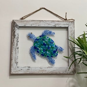 Sea Glass Sea Turtle - Sea Glass Art Mosaic - Framed Beach Art - Sea Turtle Decor - Sea Life - Nautical Bathroom Decor