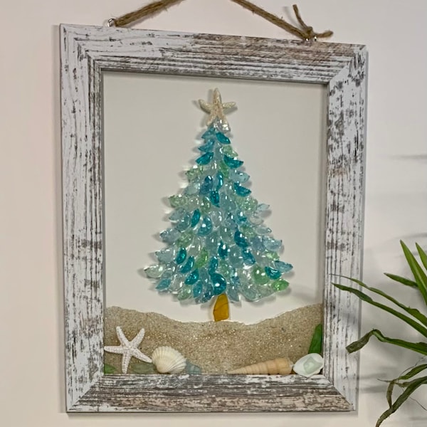 Beaches Be Ready For Christmas, Glass Mosaic Tree on the Beach, 12x10” Coastal Wall Art Decor