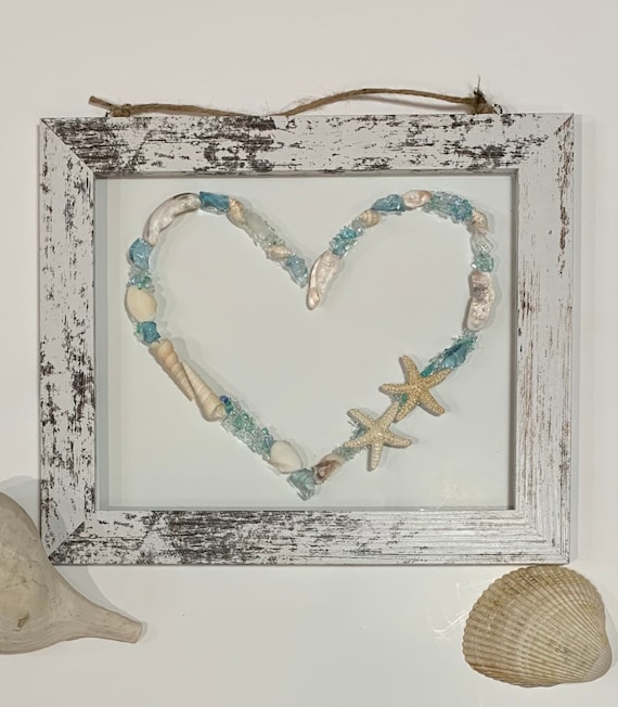 Sea Glass Heart - Sea Glass Art - Beach Heart Decor - Heart Wall Art - Beach House Art - Sea Glass Decor - Couple Heart Gift
