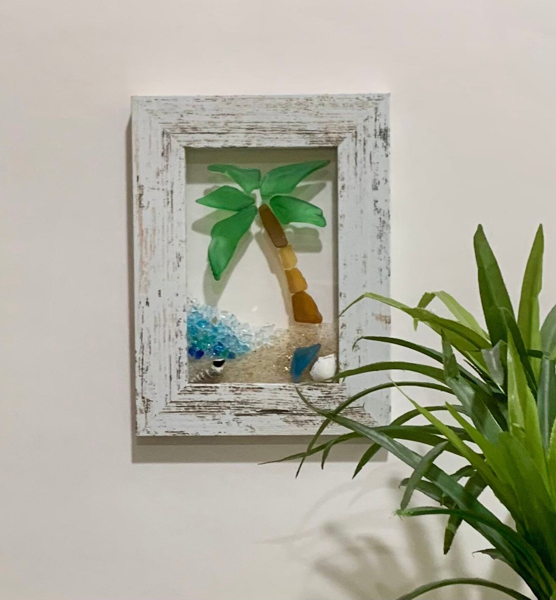 4/5セールGlassTripオブジェ ガラス手作り海岸をイメージ Crashing Wave Tropical Tree Glass Art - Beach Glass Art - Palm