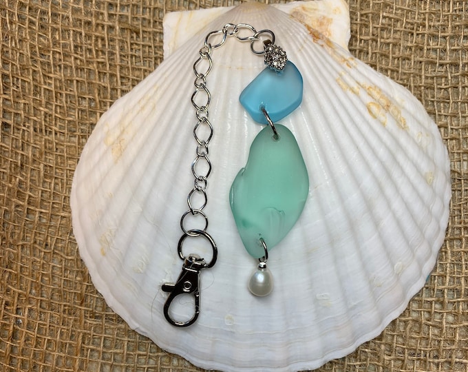 Featured listing image: Coastal Sea Glass Car Charm - Rear View Mirror Hanger - Purse Charm - Nautical Beach Lovers Gift - Freshwater Pearl- Lobster Claw Clasp