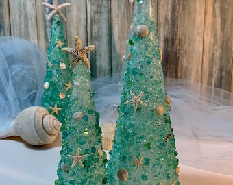 Coastal Christmas Tree, Reclaimed Cracked Glass, Seashells and Starfish,  Optional Light Up, 4x11”