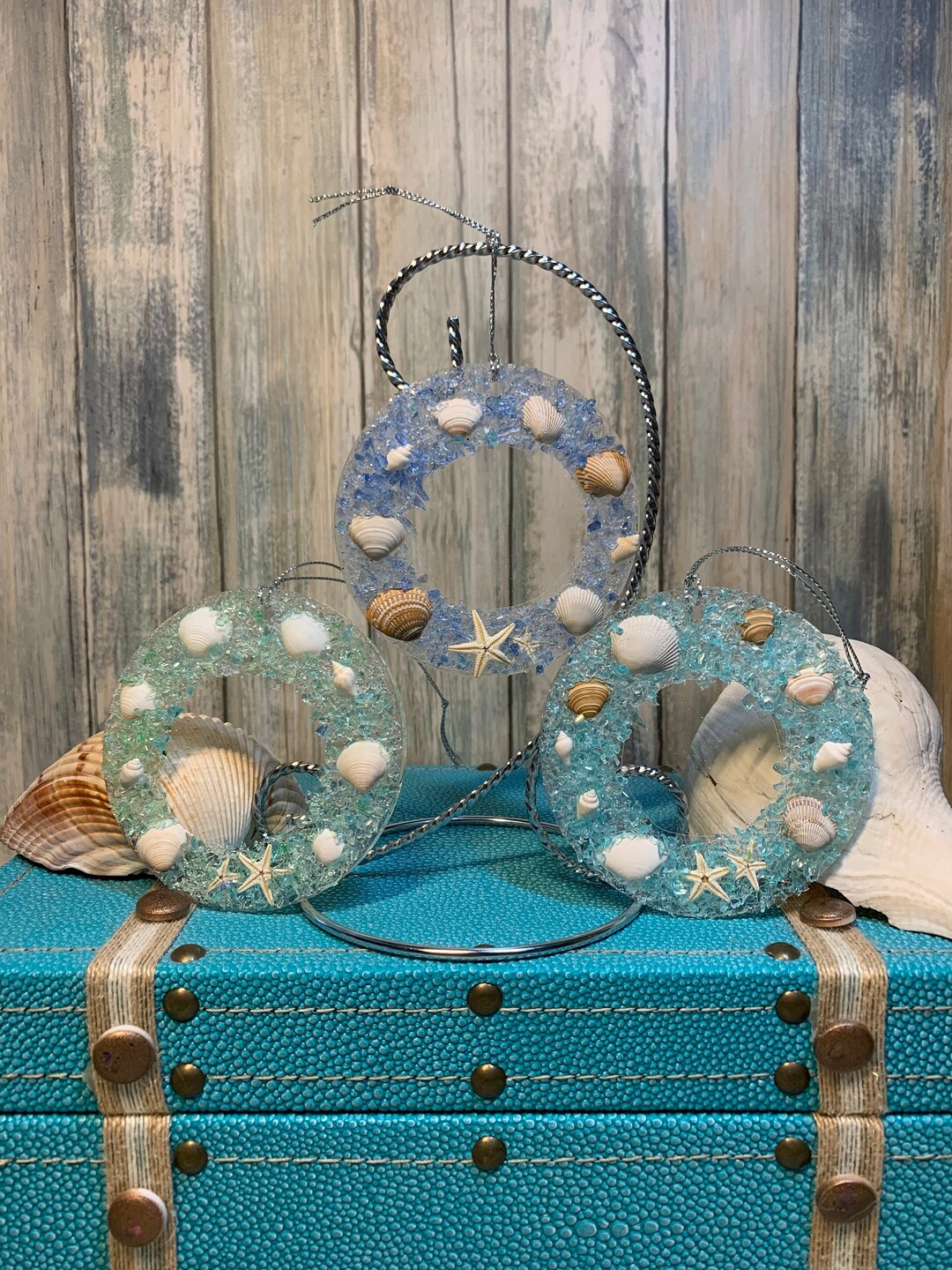 Coastal Christmas Ornaments - Set of 3 Different Colors - Wreaths- Sea ...