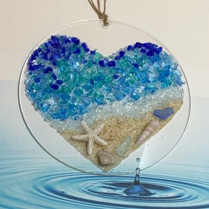 Sea Glass Suncatcher - Ocean Heart Beach Ornament - Beach Lover Gift - Beach Glass Suncatcher - Beach Art - Sea Glass Art