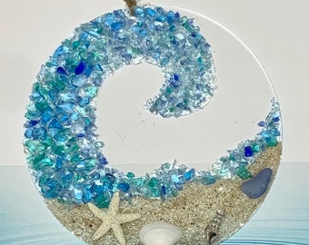 Sea Glass Suncatcher - Ocean Crashing Wave Beach Ornament - Beach Lover Gift - Beach Glass Suncatcher - Beach Art - Sea Glass Art