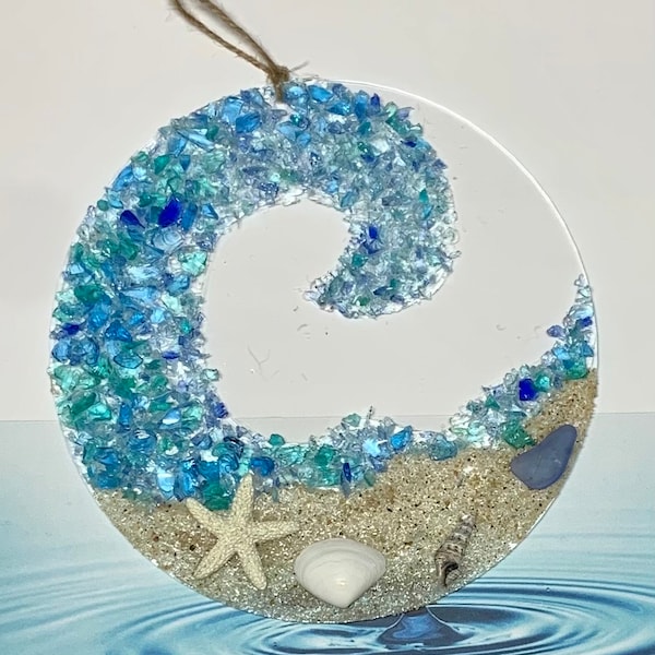 Sea Glass Suncatcher - Ocean Crashing Wave Beach Ornament - Beach Lover Gift - Beach Glass Suncatcher - Beach Art - Sea Glass Art