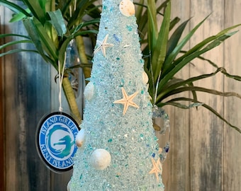 Coastal Christmas Tree, Reclaimed Cracked Glass, Seashells and Starfish,  Optional Light Up, 4x11”