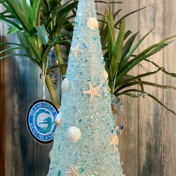 Coastal Christmas Tree, Reclaimed Cracked Glass, Seashells and Starfish,  Optional Light Up, 4x11”