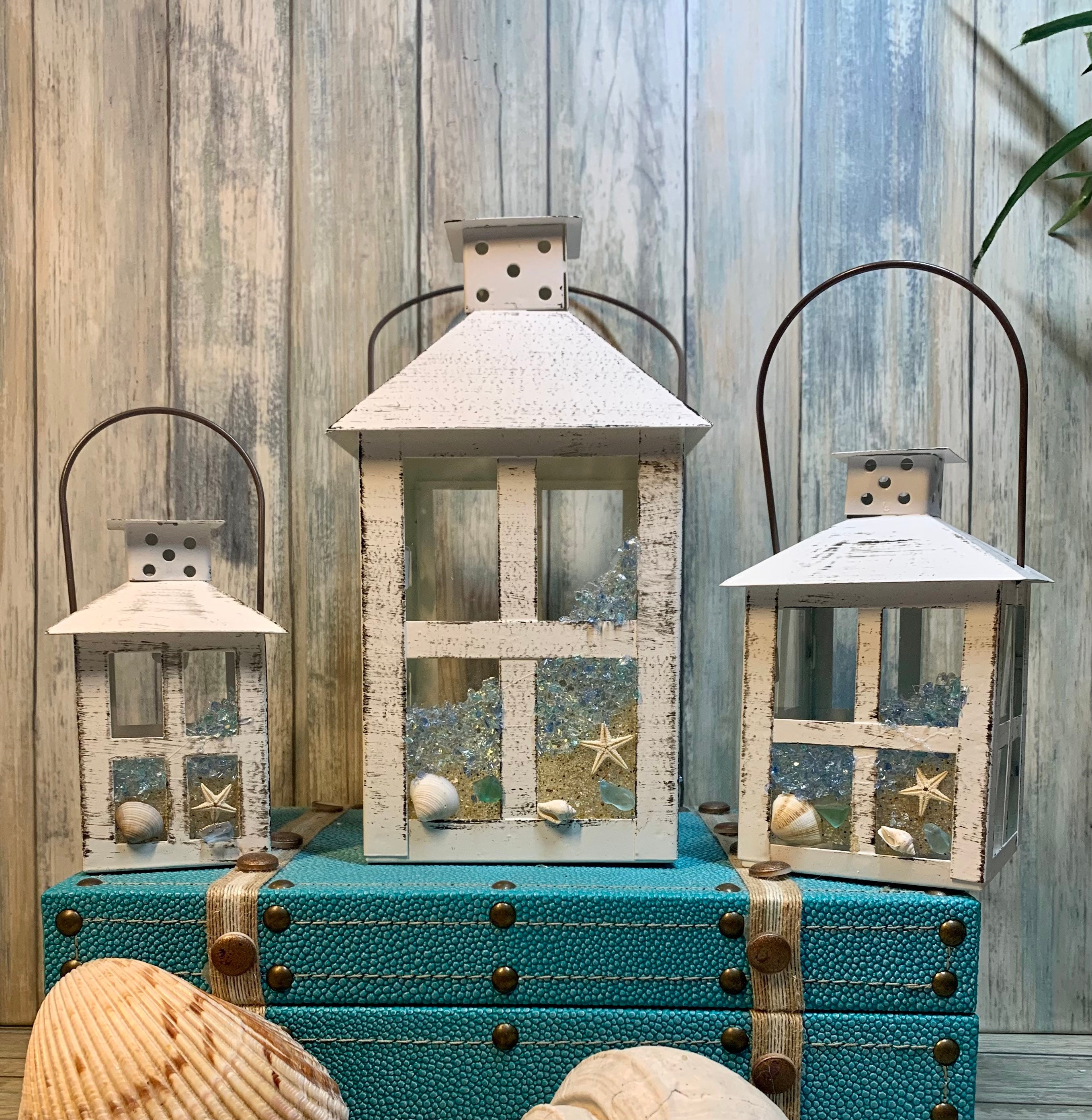 Coastal Lanterns Set of 3 Lanterns Beach Scene Seashells | Etsy
