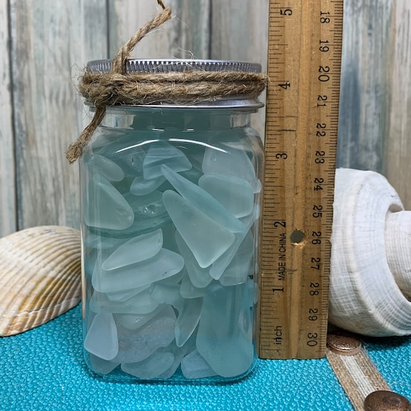 Beach Jar with Sea Glass - Sea Glass Pieces - Sea Glass Crafts - Sea Glass Gift - Beach Glass - Decorative Jar - Jar Gift - Light Blue