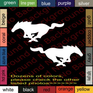 May include: Two white running horse decals on a black background. The image includes a color palette with color names such as green, blue, and red. Text at the bottom reads "Dozens of colors, please check the other listed photos."