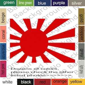 May include: A red and white rising sun graphic with 16 rays. The graphic is on a white background.