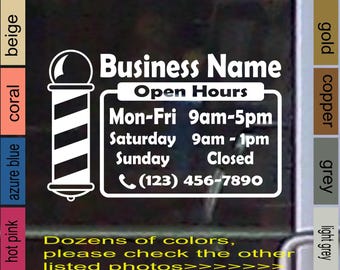 Barber Shop Hair Salon Vinyl Decal Die Cut Sticker Stylist Business Shop Name Open Hours Days Phone Number Info for Glass Door Window BS026F
