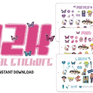May include: Digital sticker sheets featuring a variety of 90s and early 2000s themed designs. The sheets are labeled "Purple", "Pink", and "Blue" and include images of butterflies, hearts, stars, cherries, and cartoon characters. The text "That's my 90's Angel" appears on each sheet.