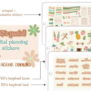 70&#39;s Retro Hippie Pastel Digital Stickers for GoodNotes, retro stickers, digital planning stickers, PNG