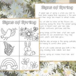 May include: Black and white illustration of signs of spring. The illustration includes a bird singing, a butterfly, a rabbit, a rainbow, and bees. The text "Signs of Spring" is at the top of the image.