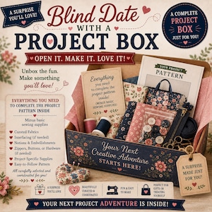 May include: A cardboard box filled with sewing supplies including patterned fabrics, spools of thread, buttons, zippers, and a project pattern. The box features text such as Blind Date with a Project Box, Your Next Creative Adventure Starts Here, and a list of included items like curated fabrics, interfacing, notions, and hardware.