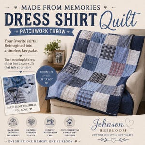 Puede incluir: Una colcha de patchwork hecha de camisas de vestir azules y blancas, con una cuadrícula de varios cuadrados de tela a cuadros y lisos. La colcha está colocada sobre una silla e incluye el texto "MADE FROM MEMORIES DRESS SHIRT QUILT" y "THROW SIZE APPROX. 127 CM X 152 CM".