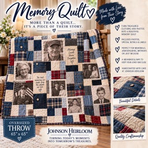 Custom Memory Quilt from Loved Ones Clothing, 65x65 Memorial Keepsake Quilt, Personalized Remembrance Gift, Handmade Clothing Quilt