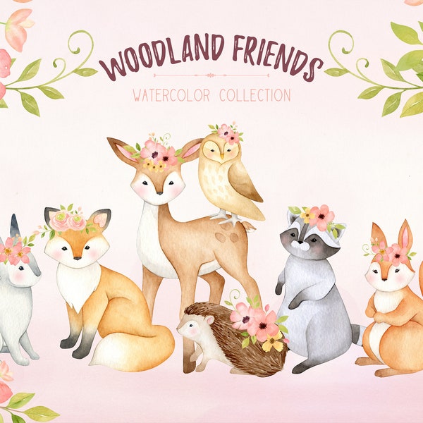 Woodland animals clipart, watercolor nursery print, cute animal baby shower, deer fox squirell hedgehog owl racoon, woodland animals print