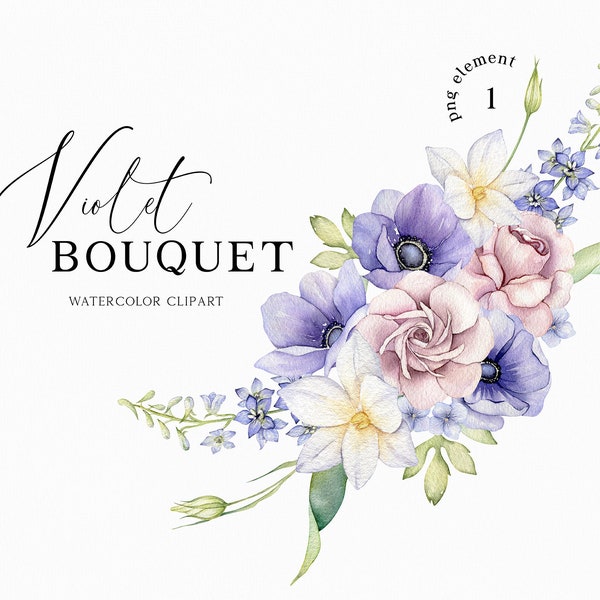 Watercolor Violet Floral Bouquet - Wedding Clipart - Delicate Purple Flowers - Invite and Card Making DIY - Very Peri - PNG Digital Download