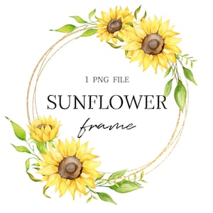Clipart de couronne de tournesol, cadres floraux aquarelle, sublimation clipart d’été, décor imprimable boho DIY, téléchargement numérique PNG