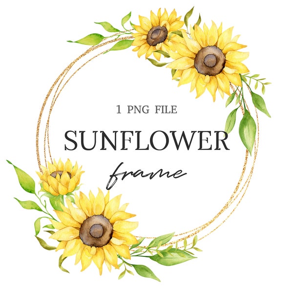 Sunflower wreath clipart, watercolor floral frames, summer clipart sublimation, boho printable decor DIY, digital download PNG