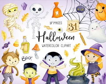 Watercolor halloween clipart, Halloween digital printables, Halloween PNG, fall clipart, Halloween characters, Instant download
