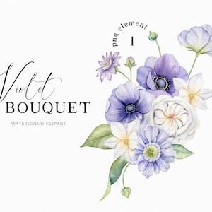 Akvarell violett blombukett - bröllops clipart - delikata lila blommor - inbjudan och korttillverkning DIY - mycket peri - PNG digital nedladdning