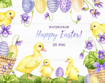 Watercolor Easter clipart, digital easter eggs, cute chickens and ducklings, spring clip art, digital download, Easter flowers