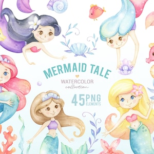 Mermaid Clipart, watercolor cute mermaid graphics, nautical, sea, ocean, underwater, DIY baby shower, digital planner, digital download PNG