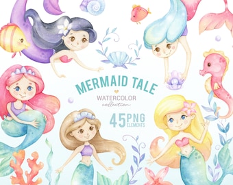 Mermaid Clipart, watercolor cute mermaid graphics, nautical, sea, ocean, underwater, DIY baby shower, digital planner, digital download PNG