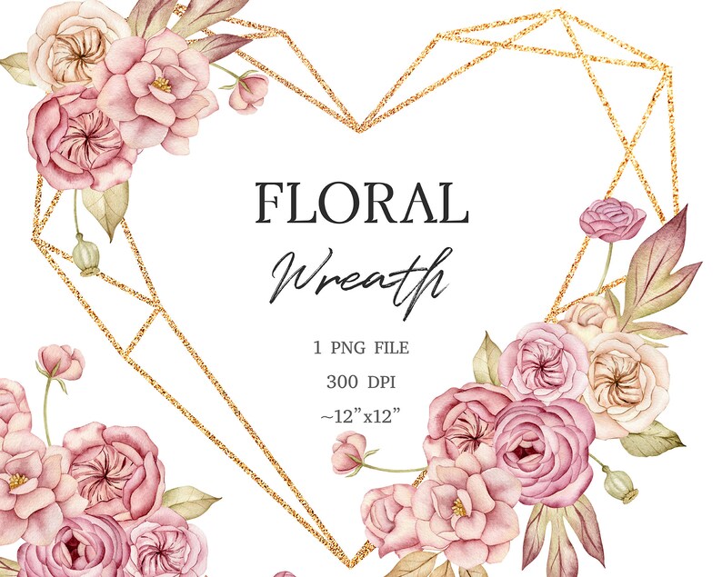Watercolor Boho Floral Wreath Clipart, Dusty Pink Rose Frame, Gold ...